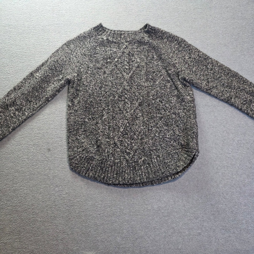 SO Cable Knit Sweater Womens Large Black White Marled Pullover High Low Cozy